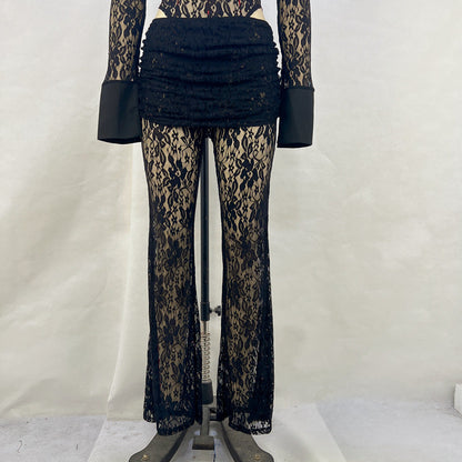 Lace Stitching Deep V Plunge Long Sleeve Top Slim Fit See Through High Waist Flared Pants Sets