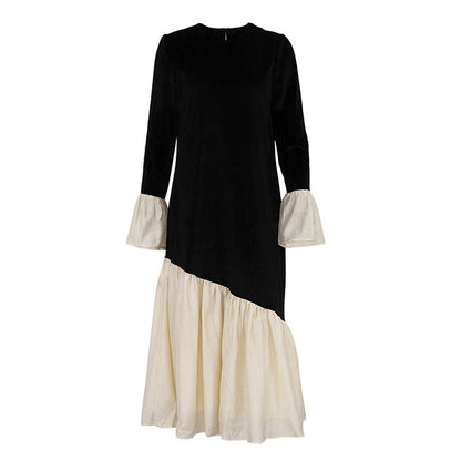 Korean Velvet Autumn French Stitching Round Neck Flared Sleeves Dress Loose Maxi Dress Clothing