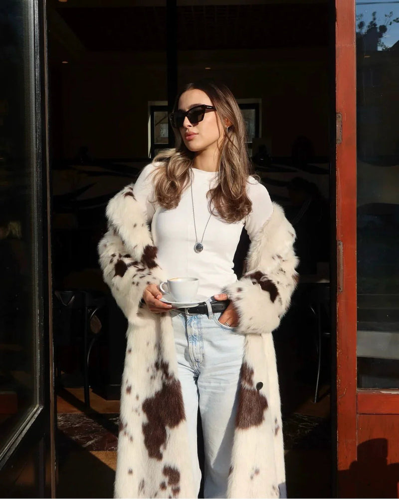 Sachi Cow Pattern Faux Fur Coat