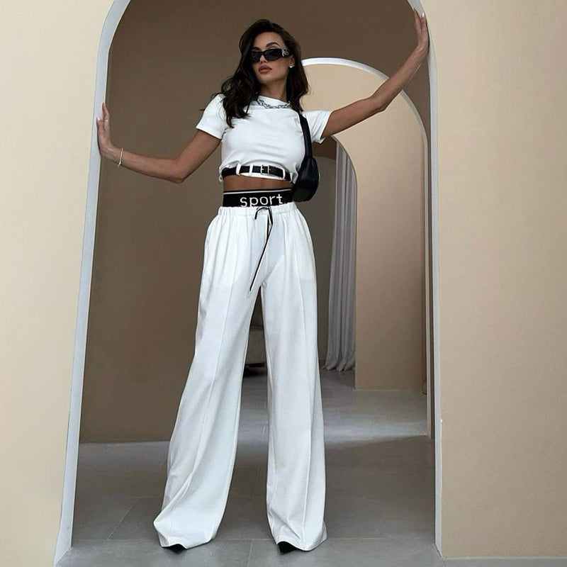 Short Sleeve Clothing High Grade Spring Cropped Belt Decorative Small Top Double Waist Sweatpants Two Piece Set