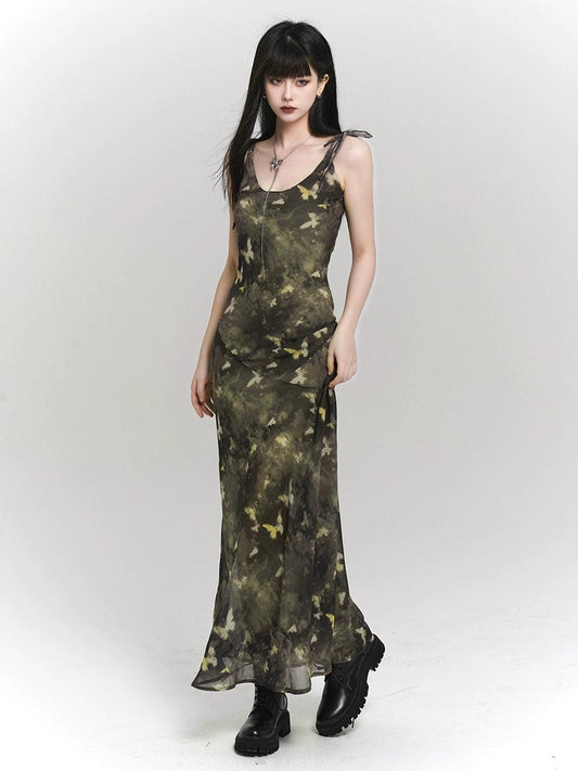 Ladyghost Woodland Whisper Maxi Dress - Camo-inspired Butterfly Print Slip Dress