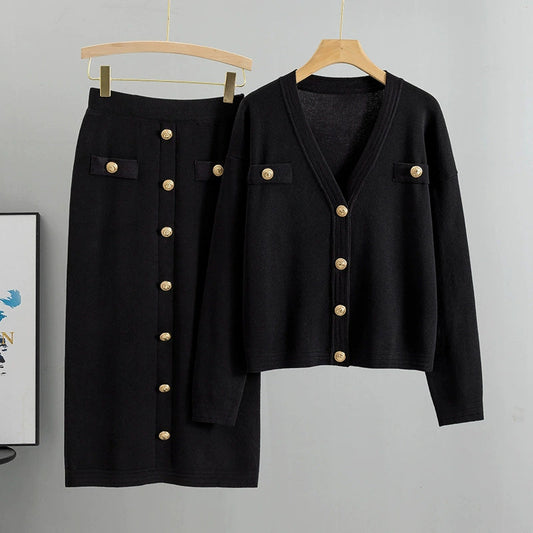Black - Chanel-inspired Cardigan Sweater Two Piece Set