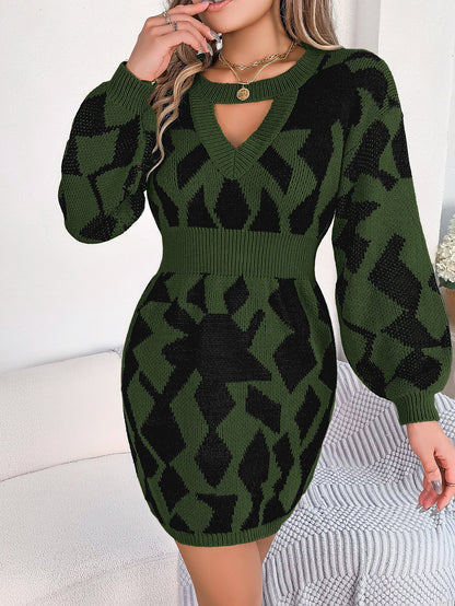 Autumn Winter Color Matching Hollow Out Cutout Out Lantern Sleeve Fitted Waist Sweater Dress Clothing