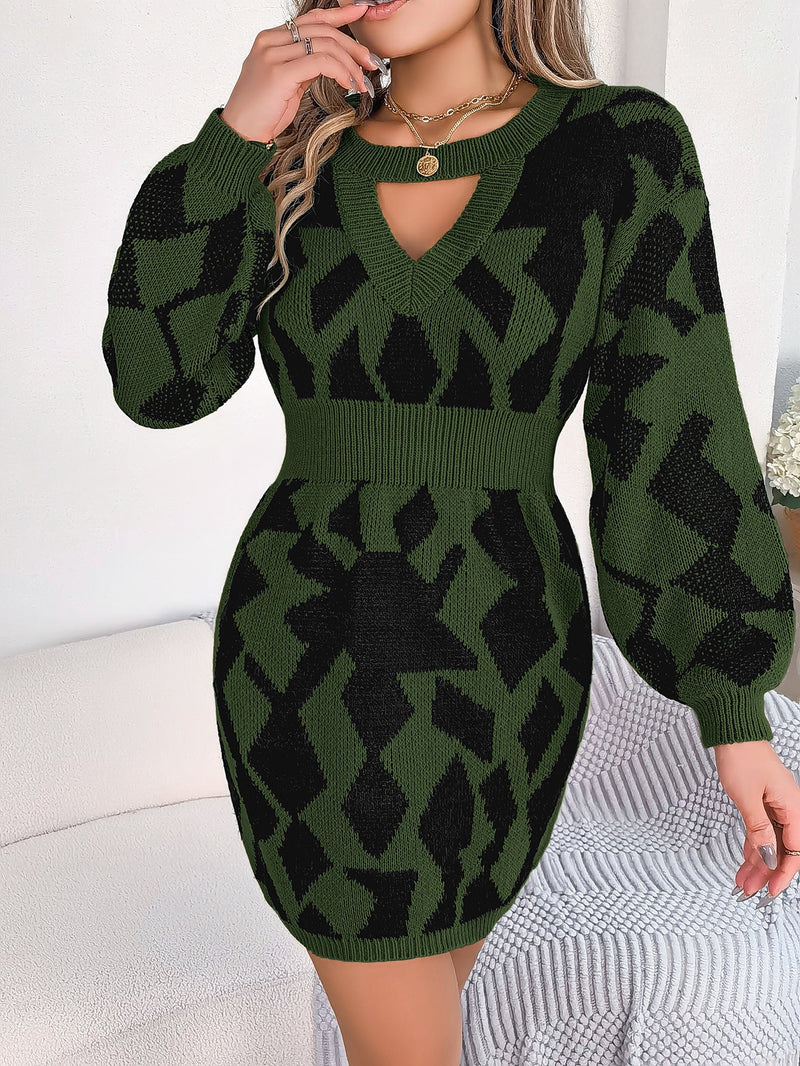 Autumn Winter Color Matching Hollow Out Cutout Out Lantern Sleeve Fitted Waist Sweater Dress Clothing