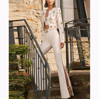 Round Neck Heavy Industry Beads Short Jacket Split Flared Pants Blazer Suit Set