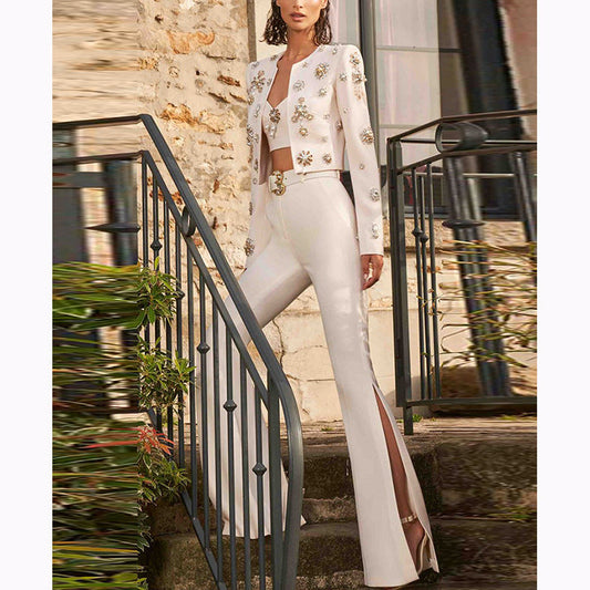 Round Neck Heavy Industry Beads Short Jacket Split Flared Pants Blazer Suit Set