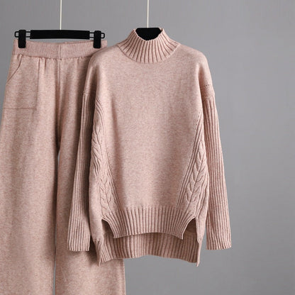 Autumn Winter Fashionable Stylish Sweater Suit Drape Knit Wide Leg Pants Two Piece Set