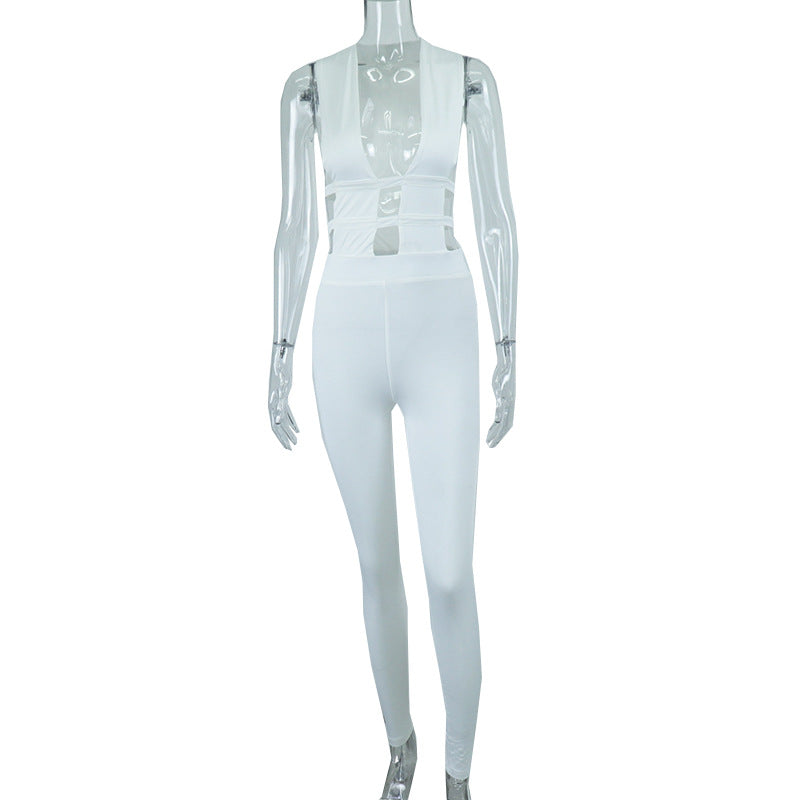 Summer Color Trousers Hollow Out Cutout Out Stitching High Waist Slimming Hip Raise Jumpsuit