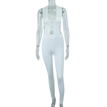 Summer Color Trousers Hollow Out Cutout Out Stitching High Waist Slimming Hip Raise Jumpsuit