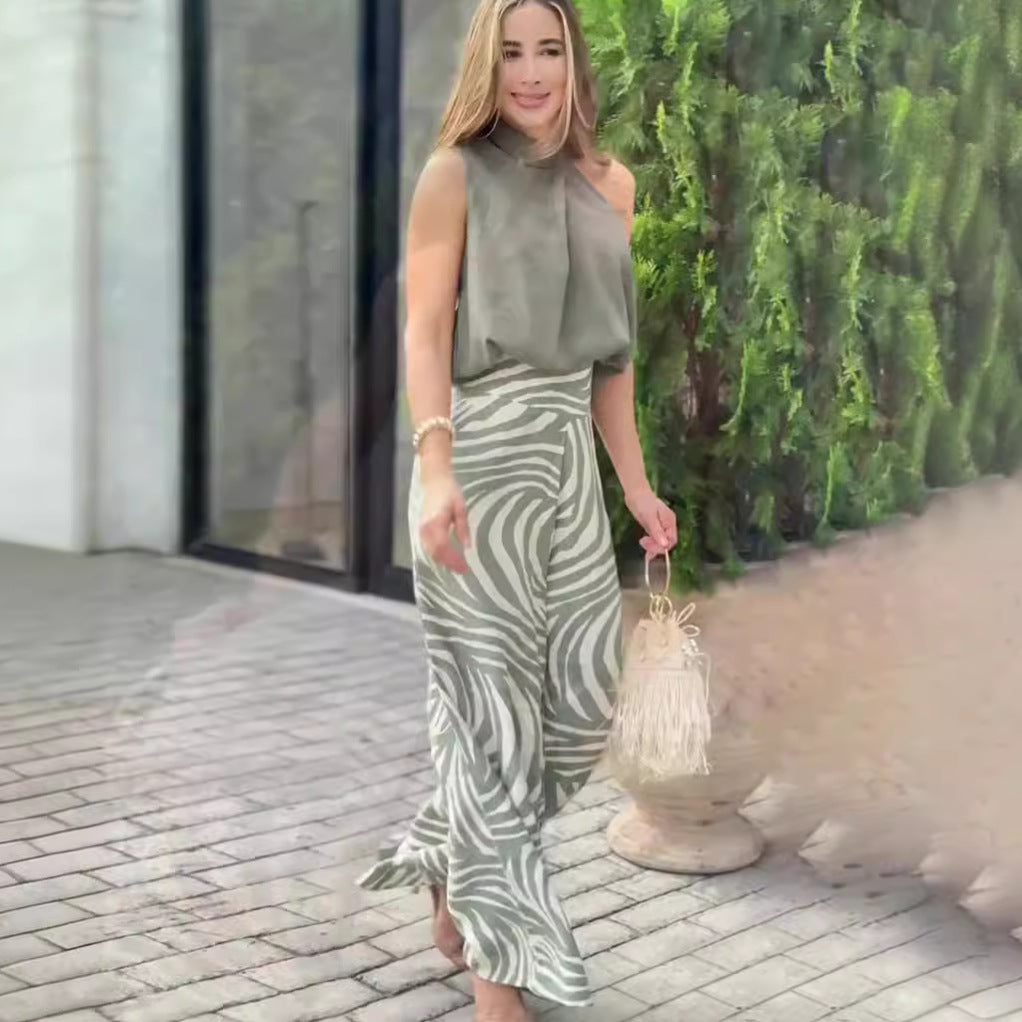 Summer Sleeveless Halter Top Zebra Print Wide Leg Pants Two Piece Set Clothing