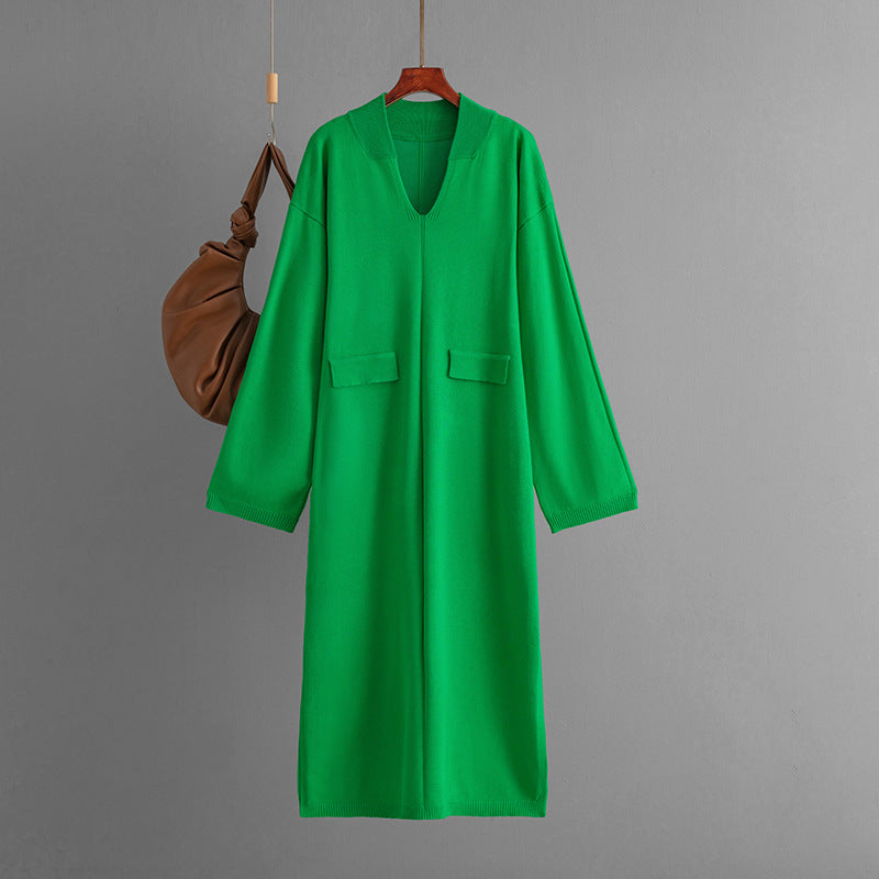 Autumn Winter V Neck Color Loose Knitted Dress Split Long Sleeve Long Dress