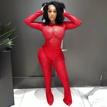 Clothing Autumn Winter Lace Hollow Out Cutout Out See Through Jumpsuit Trousers Sets