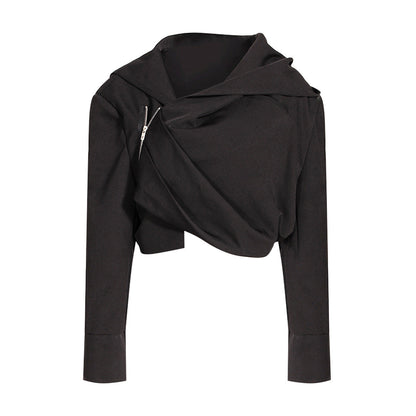 Niche Design Coat Autumn Fashionable Asymmetric Fold Zipper Loose Crop Top