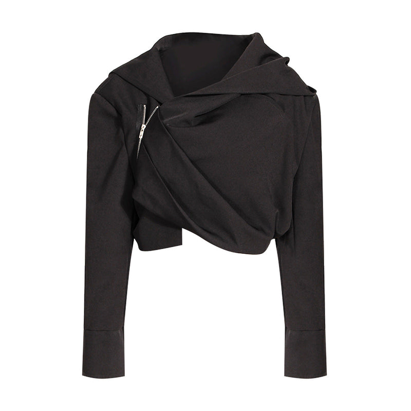 Niche Design Coat Autumn Fashionable Asymmetric Fold Zipper Loose Crop Top