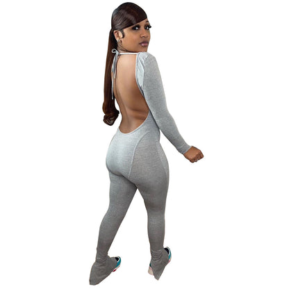 Backless Neck Trousers Color High Elastic Fabric Sports Yoga Jumpsuit