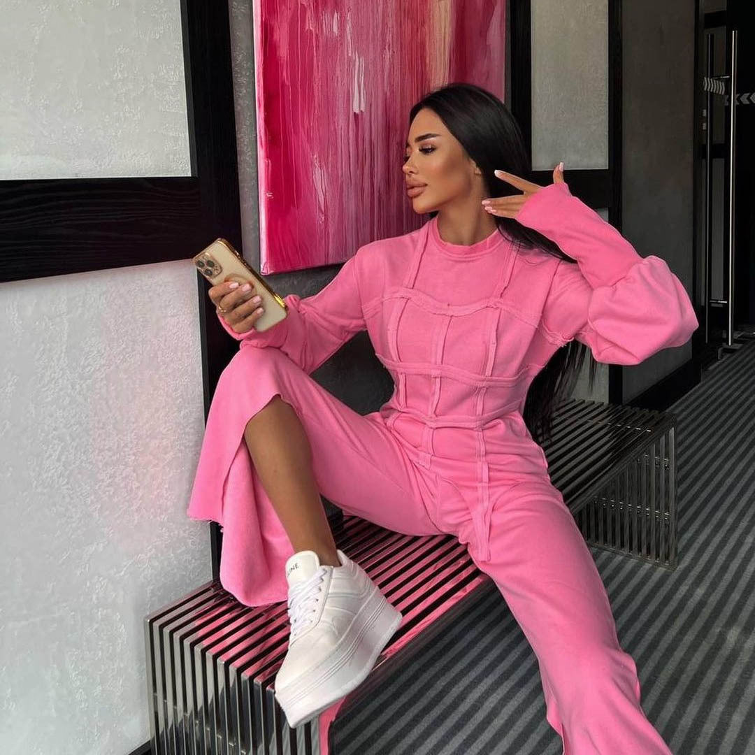 Color Hoodie Sets Round Neck Pullover Top Split Straight Pants Two Piece Sets