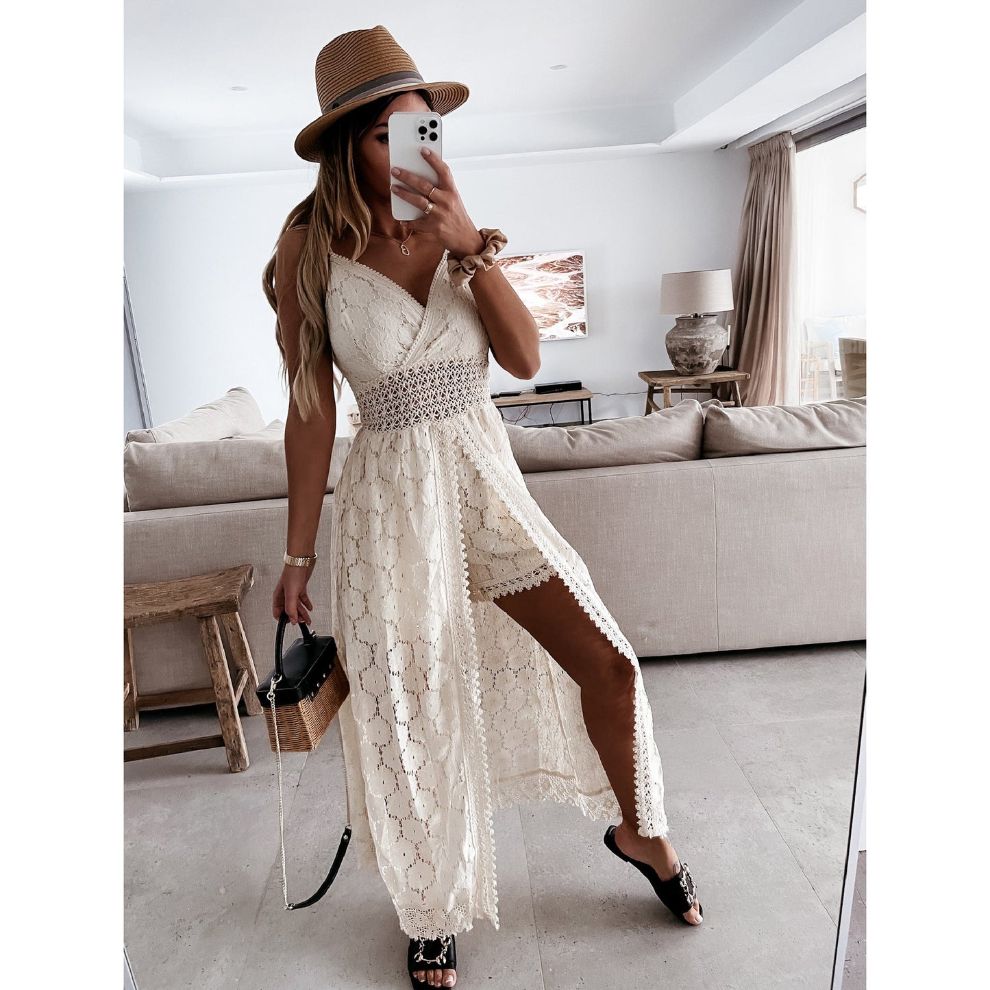 Strap Stitching Jumpsuit Home Vacation Hollow Out Cutout Jumpsuit