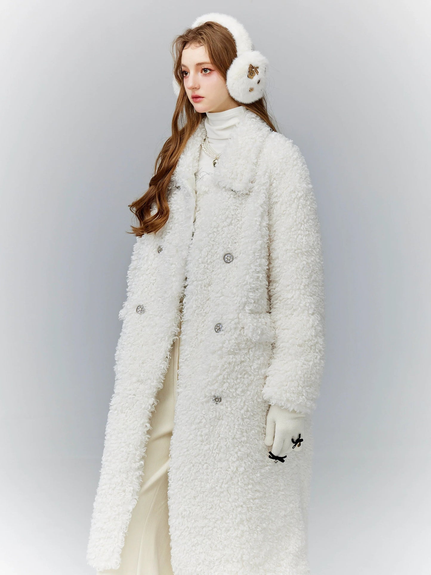Luxurious White Teddy Bear Coat: Double-breasted Faux Fur Longline Outerwear