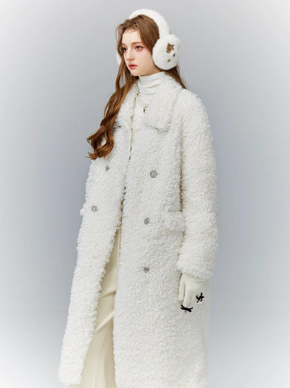 Luxurious White Teddy Bear Coat: Double-breasted Faux Fur Longline Outerwear