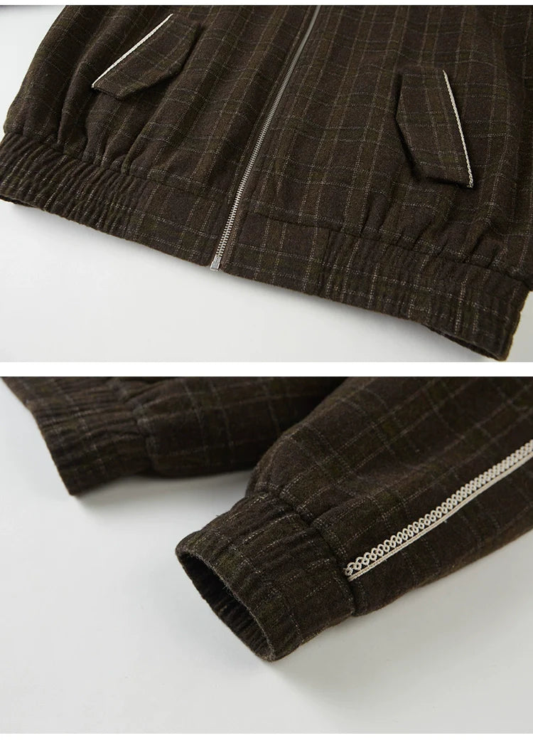 Decorative White Trim Plaid Zip-up Jacket Set Up