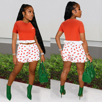 Clothing Summer Lace Color Matching Short-sleeved T-shirt Lip Printings Slim Two-piece Set Romper