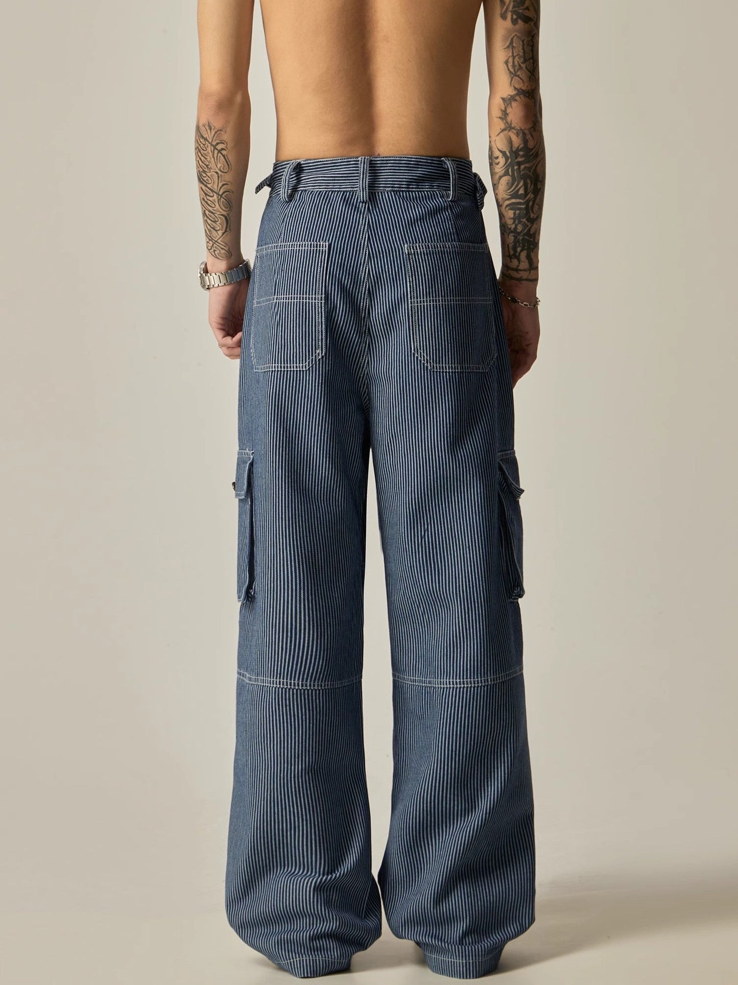 Pinstriped Wide-leg Cargo Utility Pants