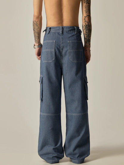 Pinstriped Wide-leg Cargo Utility Pants