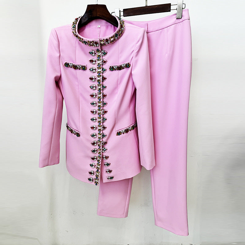 Early Spring Heavy Industry Beads Diamond Jacket Jacket Skinny Pants Two Piece Set