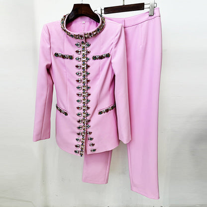 Early Spring Heavy Industry Beads Diamond Jacket Jacket Skinny Pants Two Piece Set