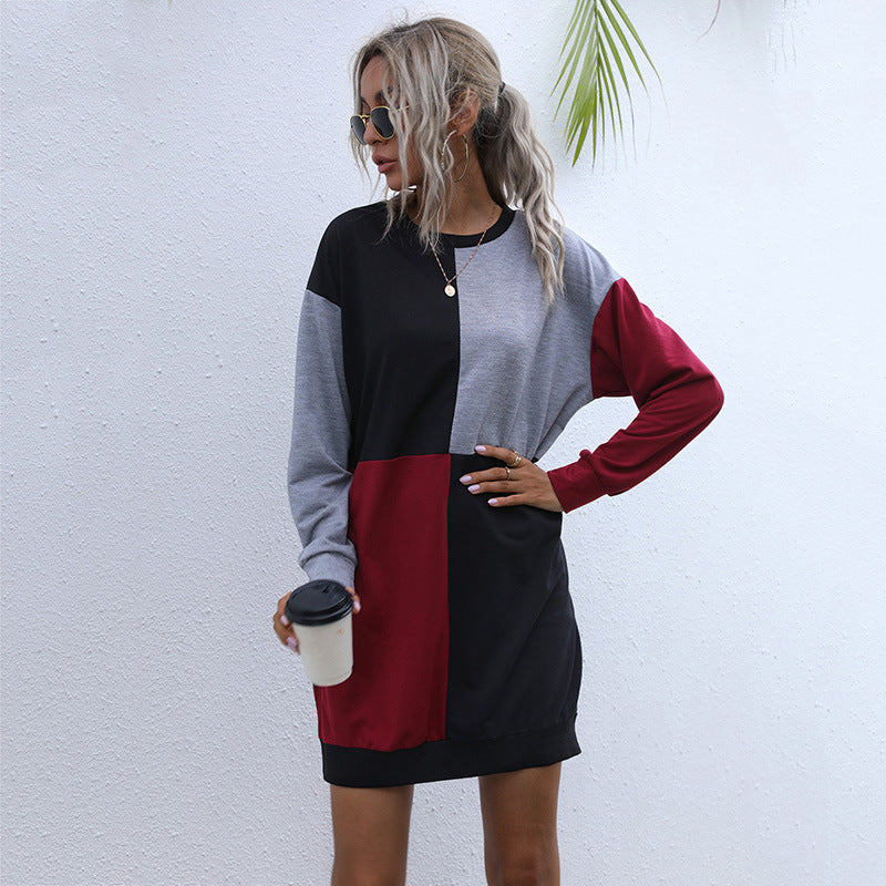 Autumn Clothing Long Sleeve Color Matching Sweater Dress