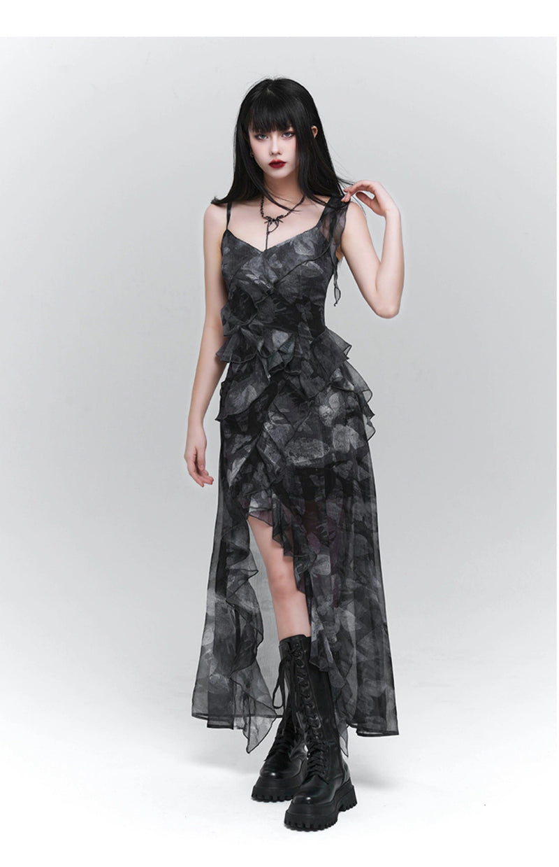 Ladyghost Dark Glamour Asymmetrical Maxi Dress - Sheer Print Ruffle Dress With High Slit