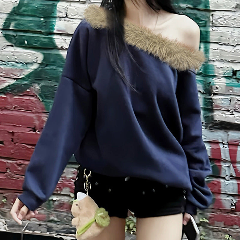 Street Furry Stitching Personality Diagonal Collar Loose Sweatshirt Off Shoulder Long Sleeves