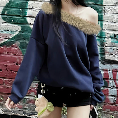 Street Furry Stitching Personality Diagonal Collar Loose Sweatshirt Off Shoulder Long Sleeves