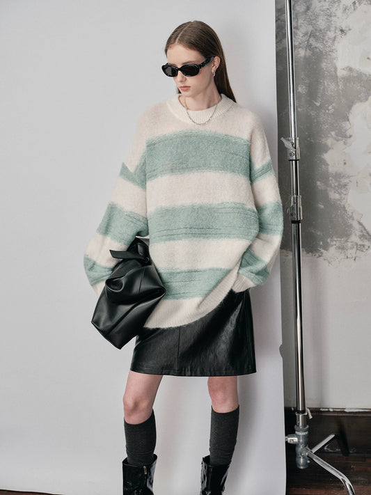 Irregular Wide-striped Oversized Round Neck Sweater