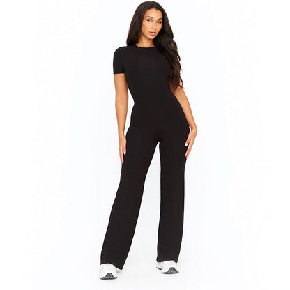Summer Color Basic Shoulder Short Sleeve One Piece Trousers Tight Jumpsuit Trousers for