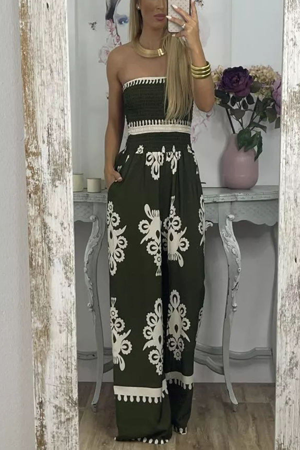 Street Hipster Wrapped Chest Printed Jumpsuit High Waist Pants