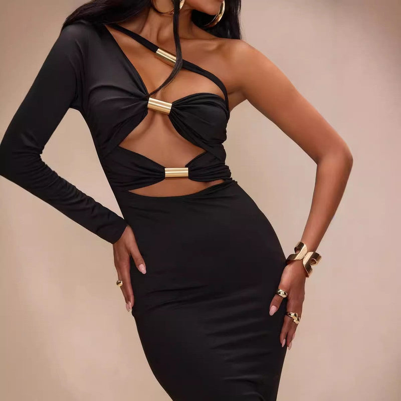 Clothing Cutout Metal Tube Slim Fit Maxi Dress Diagonal Collar Shoulder Sleeve Sheath Pencil Dress