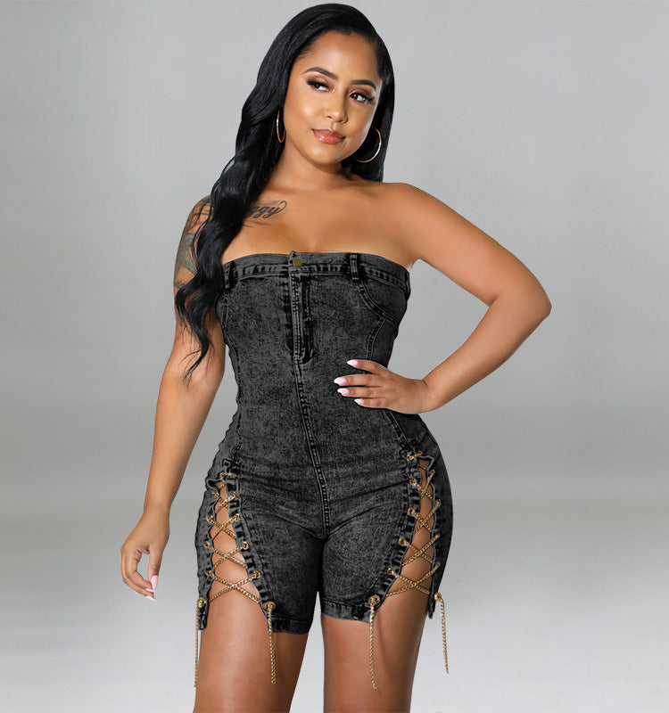 Clothing Spring Wear Copper Chain Off-the-shoulder Denim Dress Romper