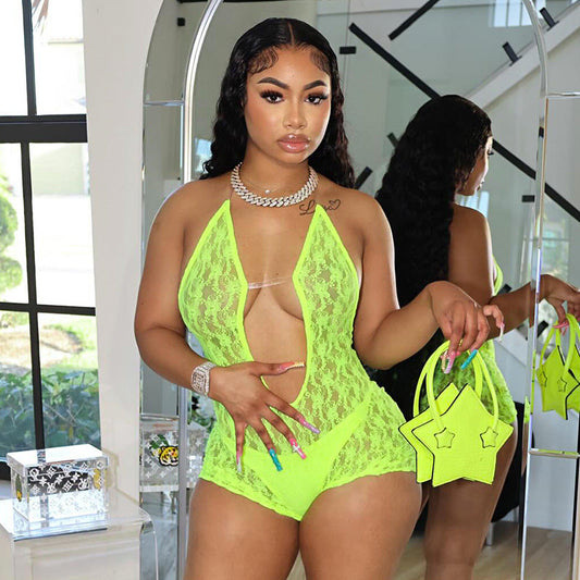 Clothing Summer Lace Hollow Out Cutout Out See Through Halter Bare Back Romper