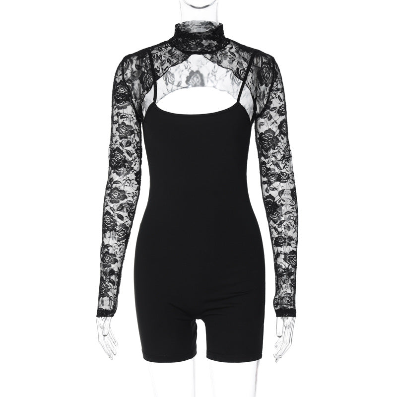 Clothing Spring Slim Strap Jumpsuit Lace Cappa Set