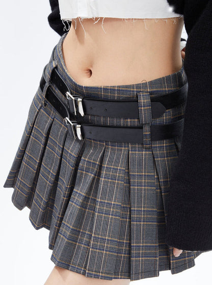 Plaid Pleated Mini Skirt With Double Buckle Belt