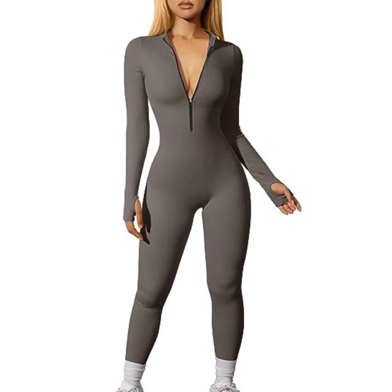 Sports Jumpsuit Workout Ribbed Long Sleeve Zipper Jumpsuit Trousers Tight