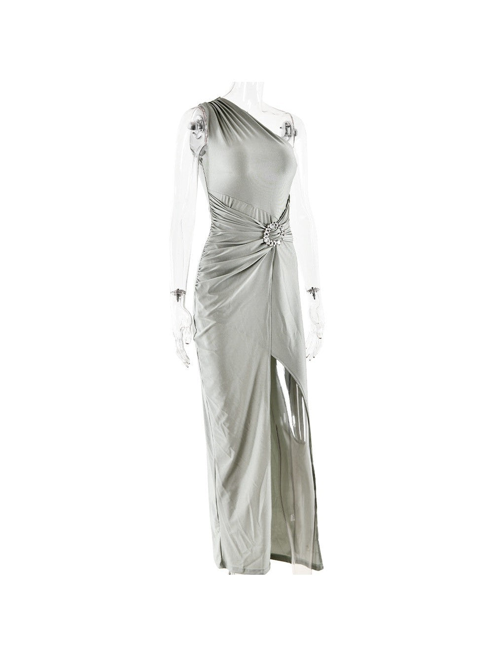 One Shoulder Sleeveless High Slit Buckle Maxi Dress
