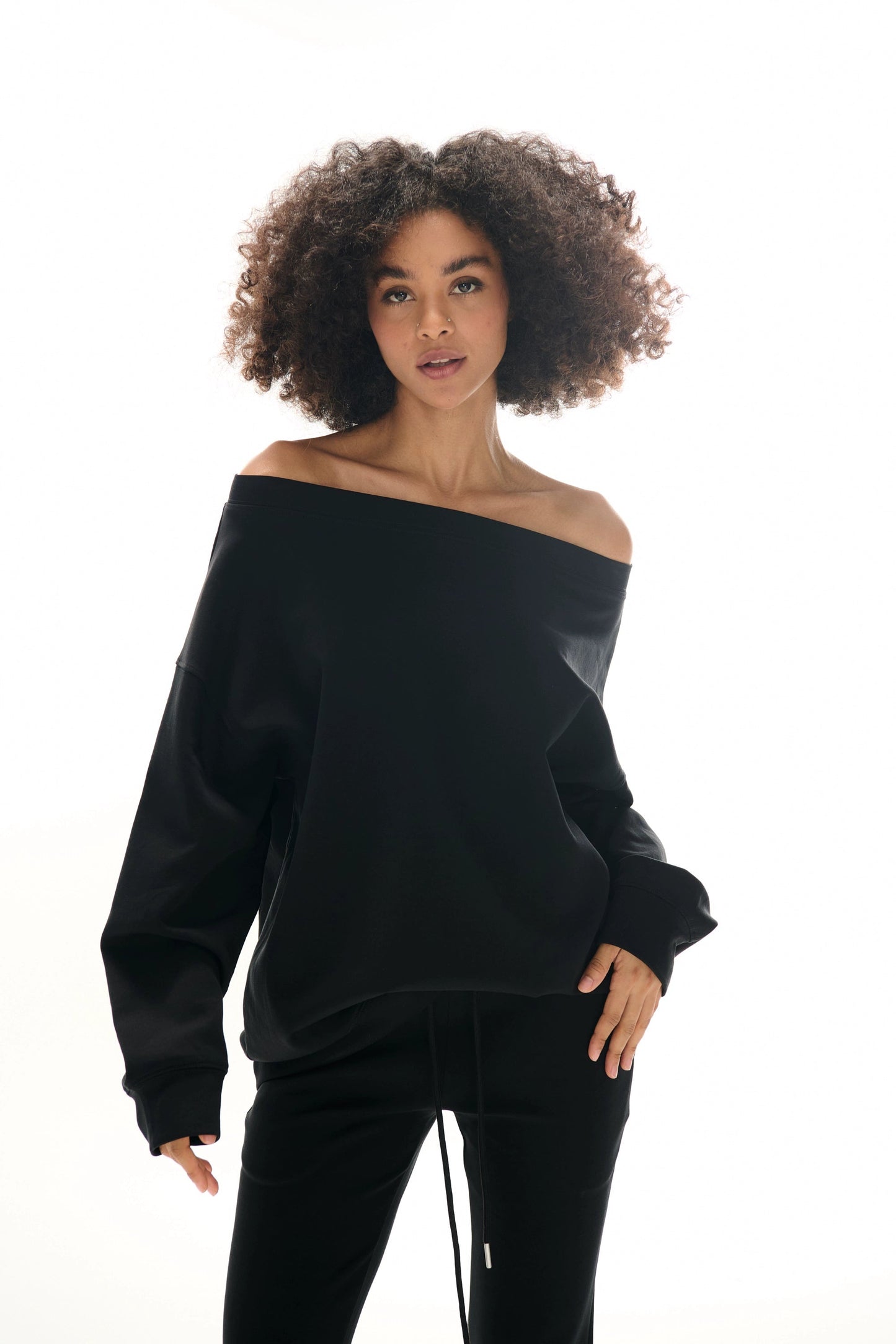 Off-the-shoulder Sweatshirt and Slight Flare Pants Set