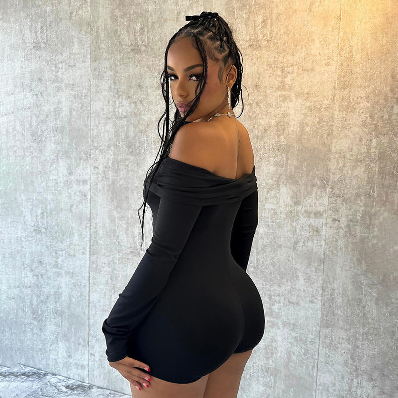 Clothing Off Shoulder Pleating Long Sleeve Tight High Waist Romper