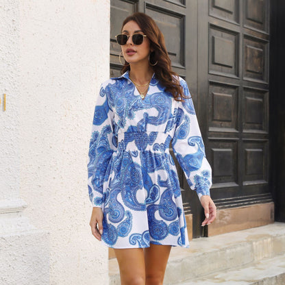 Paisley Pattern Blouse Collar Dress Smocking Waist Long Sleeve Spring Autumn Clothing