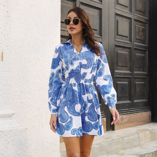 Paisley Pattern Blouse Collar Dress Smocking Waist Long Sleeve Spring Autumn Clothing