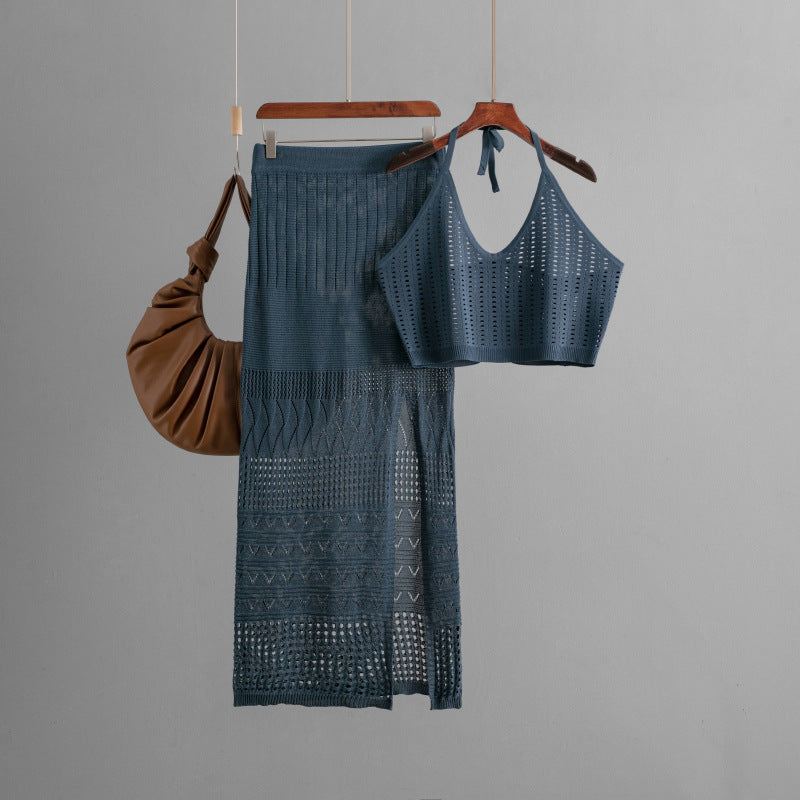 Clothes Short Summer Vest Top Two Piece High Waist Slimming Hollow Out Cutout Split Hip Skirt