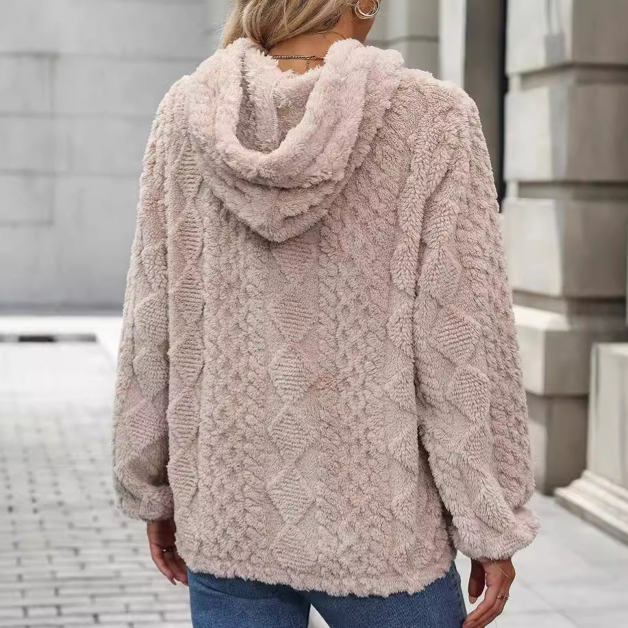 Autumn Winter Clothing Plush Jacquard Fabric Long Sleeve Loose Hooded Pullover Sweatshirt
