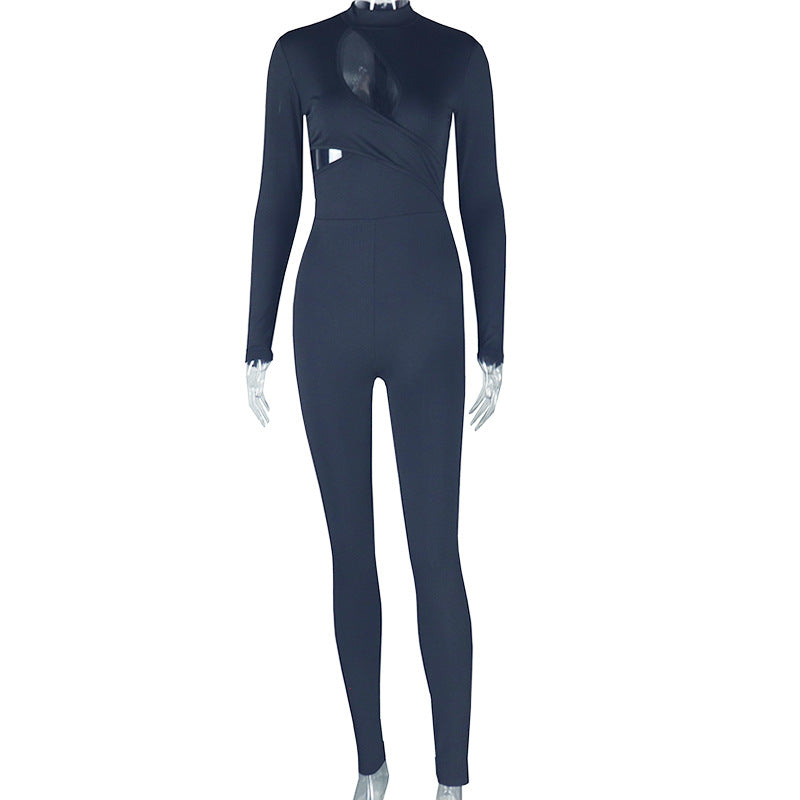 Wear Tight Fitting Color Micro Elastic Jumpsuit Long Sleeved Trousers Hollow Out Cutout Mid Waist Thin Jumpsuit